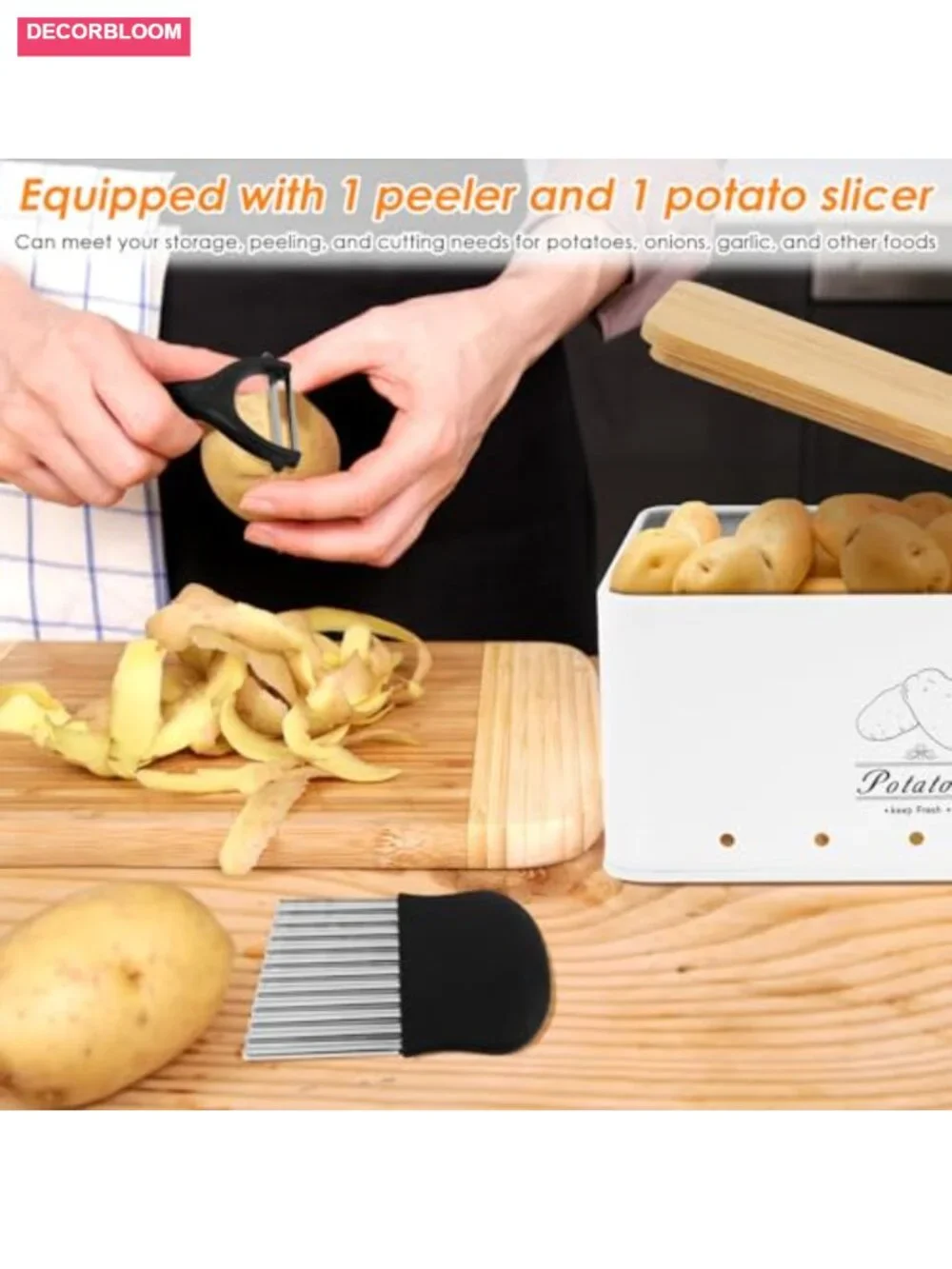 5 Piece Kitchen Food Storage Set Potato Onion Garlic Bins with Peeler and Cutter